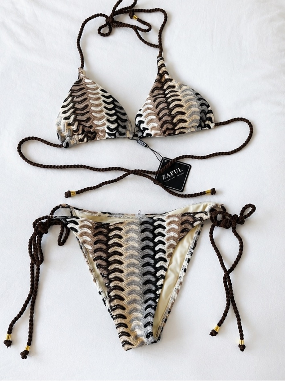 Zaful Brown Black Cream Scallop Crochet Tie Bikini